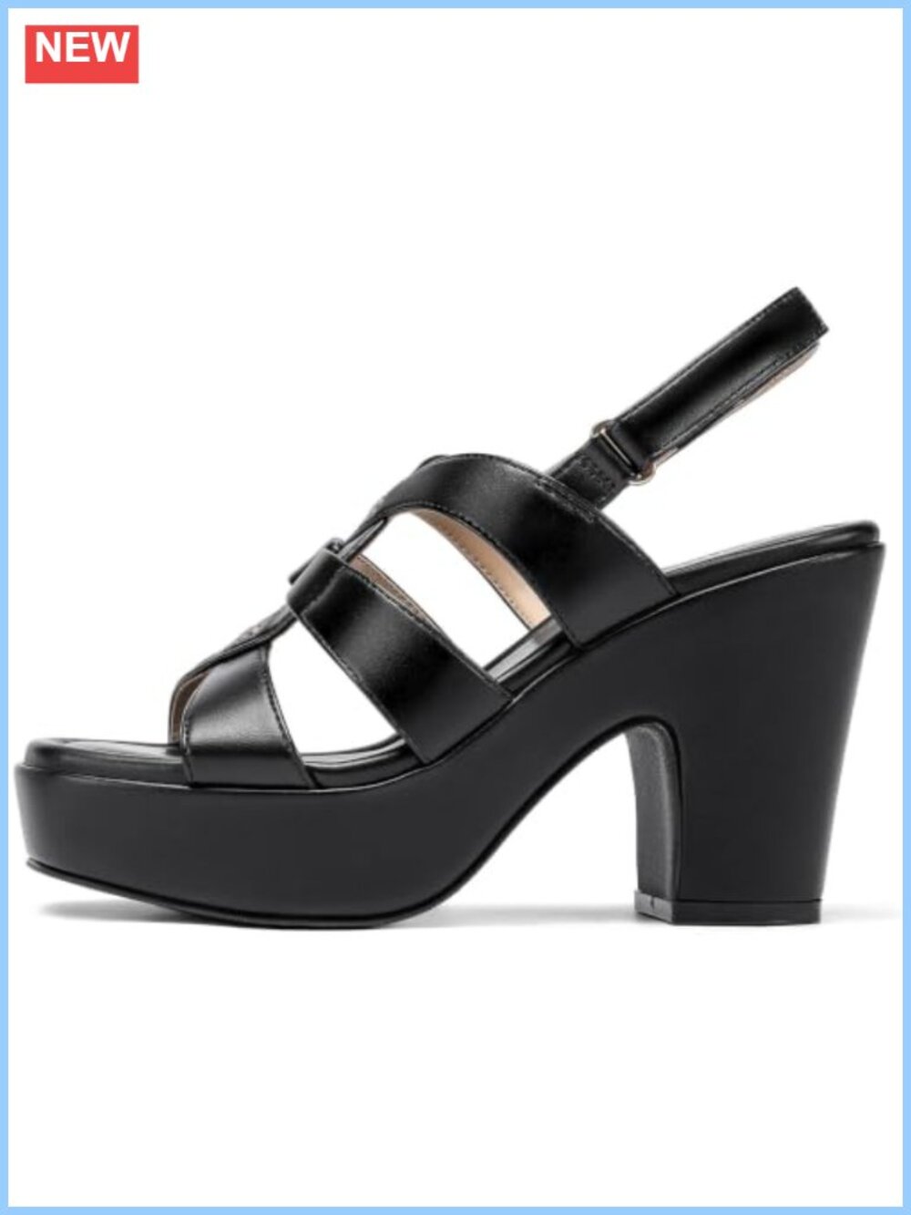 Chunky Block Heel Platform Sandals Square Open Toe Ankle Strap PU Faux Leather